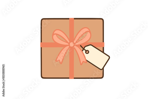 Simple brown gift box tied with a pink ribbon and bow with blank hanging tag