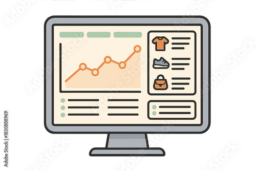 Computer monitor displaying e-commerce sales growth chart and product data analysis