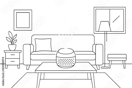Modern living room interior with smart speaker device on a coffee table