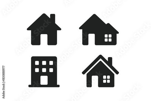 Four simple black silhouette icons of residential and commercial buildings