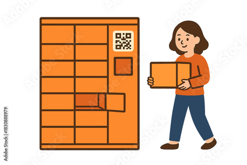 Woman picking up package from automated smart locker using digital QR code interface