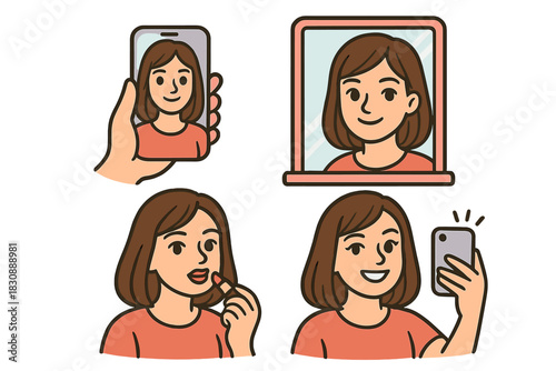 Woman applying makeup, checking appearance in mirror, and taking a selfie with smartphone