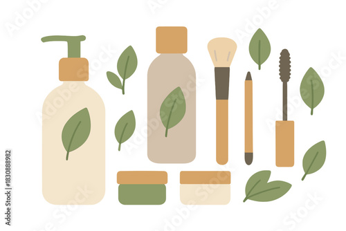 Natural organic cosmetic products set with green leaves and sustainable packaging