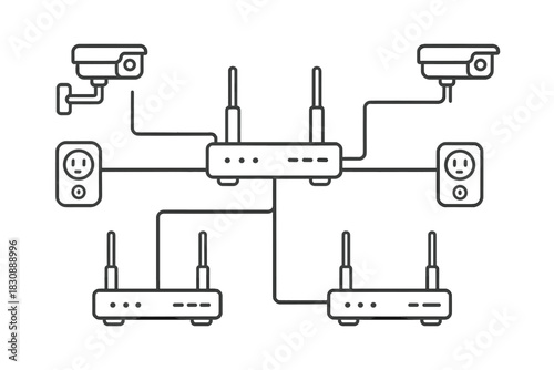 Home security system setup with connected surveillance cameras and wireless routers