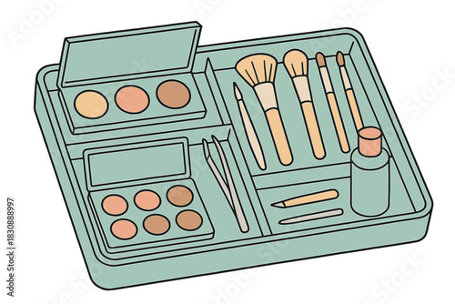 Overhead view of a pastel green organizer filled with cosmetic brushes and eyeshadow palettes