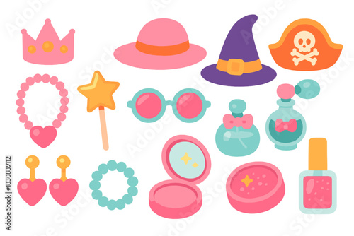 Adorable set of fantasy and fashion accessories including crown, magic wand, hats, sunglasses, jewelry, and perfume