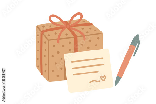 Wrapped present box with decorative polka dot paper, tied with a ribbon bow, next to a blank note card and writing pen