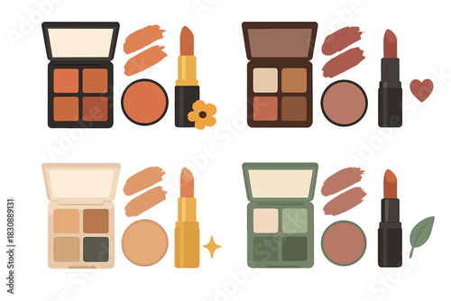 Flat lay assortment of beauty products, makeup, eyeshadow palettes, lipstick, and blush