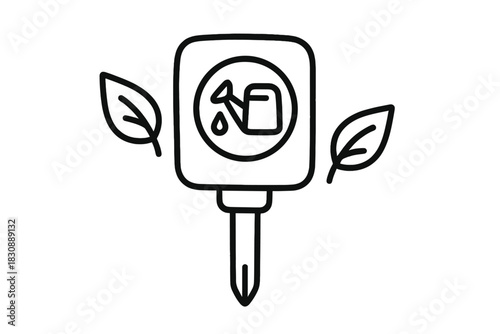 Minimalist symbol of a plant care sensor showing a watering can and leaves for horticulture