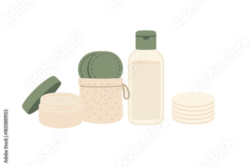 Minimalist set of natural skincare products and reusable cotton pads for beauty routine