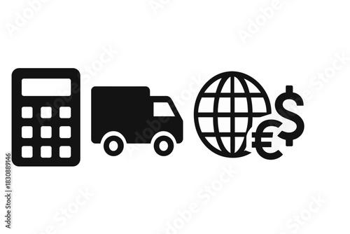 Global shipping costs, financial calculation, and international logistics symbols