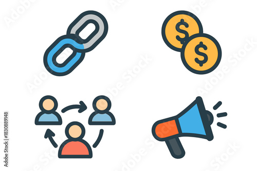 Essential business and digital marketing icons for connection, finance, and communication