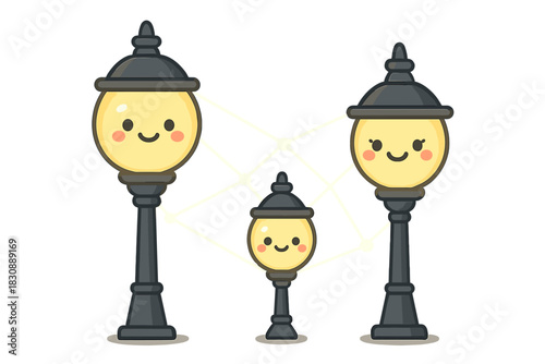 Three adorable smiling street lights standing together in a cute kawaii style
