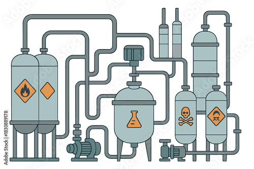 Industrial chemical processing plant with complex piping system and hazard warning signs