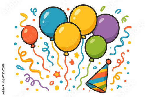 Bright festive arrangement of floating balloons, curling ribbons, scattered confetti, and party hat