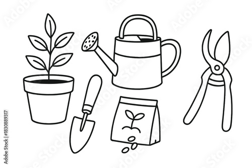 Essential garden tools set: watering can, trowel, shears, potted plant, and seeds
