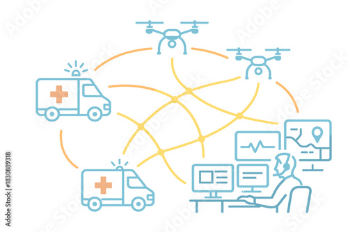 Emergency medical services network connecting ambulances, drones, and dispatch center for smart healthcare response