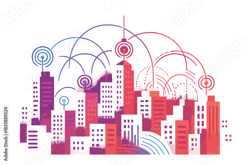 Modern cityscape with wireless network connections and data transmission signals