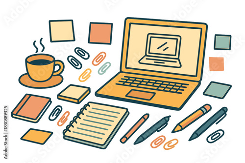 Creative workspace setup with laptop computer, hot coffee, notebooks, pens, and paper clips