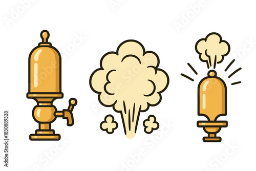 Vintage brass steam whistles and billowing white vapor clouds set