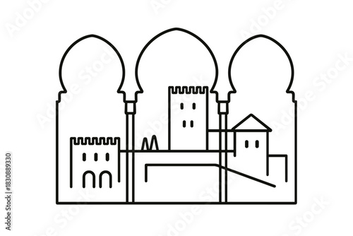 Iconic outline of a historic fortress framed by three traditional Moorish arches