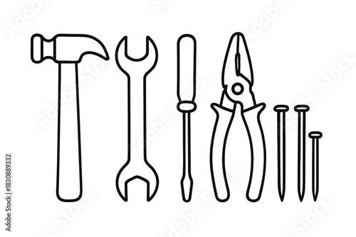 Essential household repair tools set including hammer wrench and screwdriver