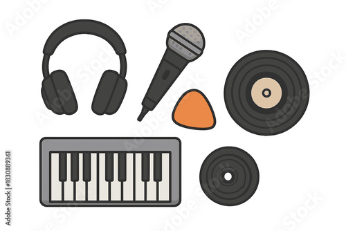 Set of essential music production equipment including headphones microphone and vinyl records