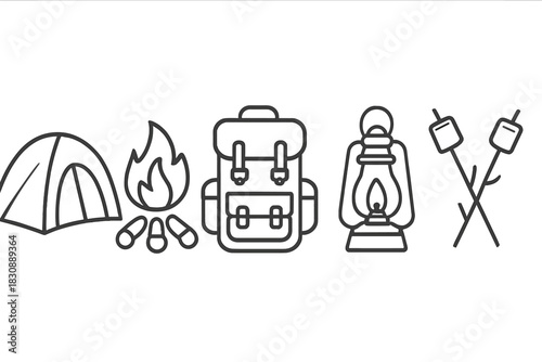 Essential outdoor adventure gear including tent, campfire, backpack, and lantern