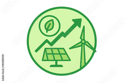 Green energy growth concept with solar panel, wind turbine, and upward trend line icon