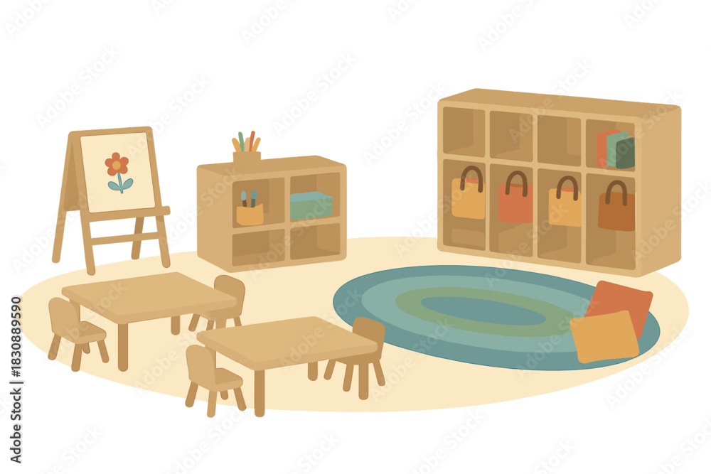Fototapeta premium Cozy classroom setting with small wooden furniture, storage shelves, and easel