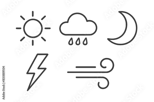 Set of essential weather forecast symbols including sun, rain, moon, lightning, and wind