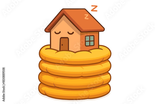 Cute sleeping house character resting comfortably inside a warm, soft, insulated stack of cushions