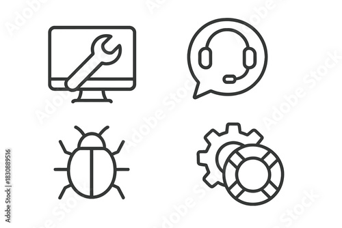 Set of essential symbols for technical assistance, system maintenance, and customer support