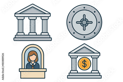 Set of financial icons including bank building, secure vault, and teller window