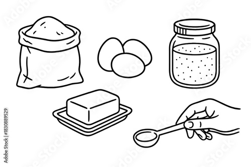 Essential baking ingredients set with flour sack, eggs, butter, and measuring spoon