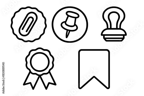 Outline icons set featuring supplies, awards, and user interface elements