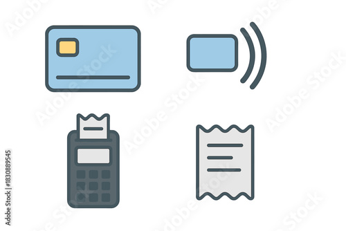 Financial transaction symbols: credit card, contactless payment, POS terminal, and receipt