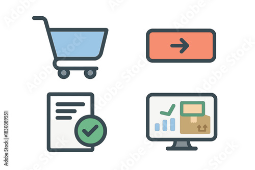 E-commerce shopping cart, order confirmation, delivery tracking, and checkout button icons