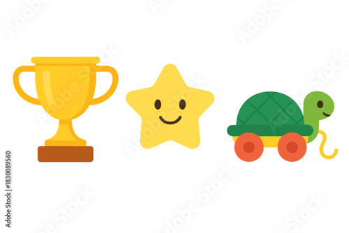 Golden trophy award, smiling yellow star, and cute pull-along turtle toy icons
