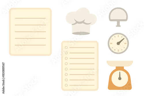 Essential kitchen tools and recipe cards set for cooking and baking preparation