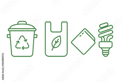 Environmental responsibility outline icons including recycling, waste management, and energy saving