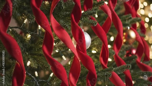 Closeup of a christmas tree decorated with red ribbon, ornaments, and twinkling lights creating a festive atmosphere