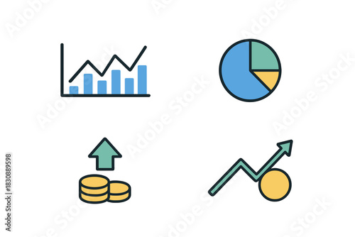 Colorful business and finance icons showing data analysis, market growth, bar graphs, and pie charts