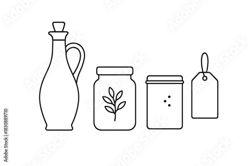 Minimalist black outline kitchen containers oil bottle storage jars and blank label tag