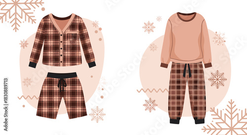 Illustration of two comfortable pajama outfits with plaid pants and a solid top, perfect for winter loungewear, surrounded by snowflakes.