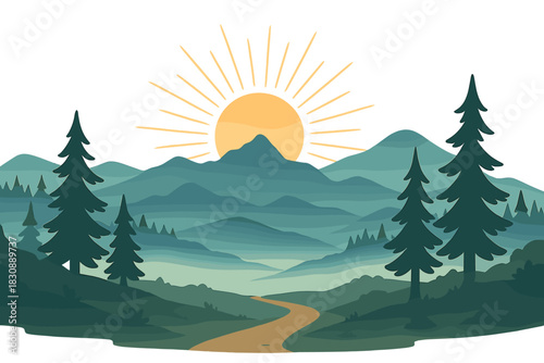 Scenic layered mountain landscape with pine trees and winding path under a bright rising sun