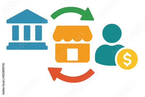 Financial transaction flow between bank, business, and customer represented by icons