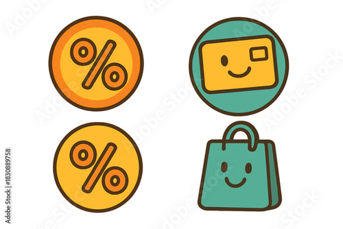 Collection of colorful commerce icons representing discount percentage, credit card, and shopping bag elements