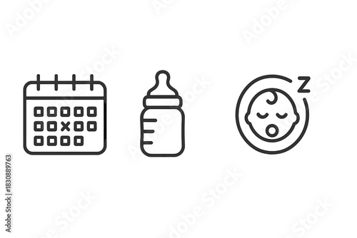 Essential symbols for newborn care routine including calendar schedule, feeding bottle, and sleeping baby face