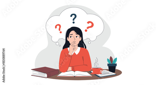 Young woman sitting at her desk, deep in thought with question marks floating above her head, symbolizing confusion or a problem.